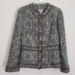 Eccoci Tweed Blazer Jacket Women S / M  Brown Blue Wool Blend Fringe Heritage